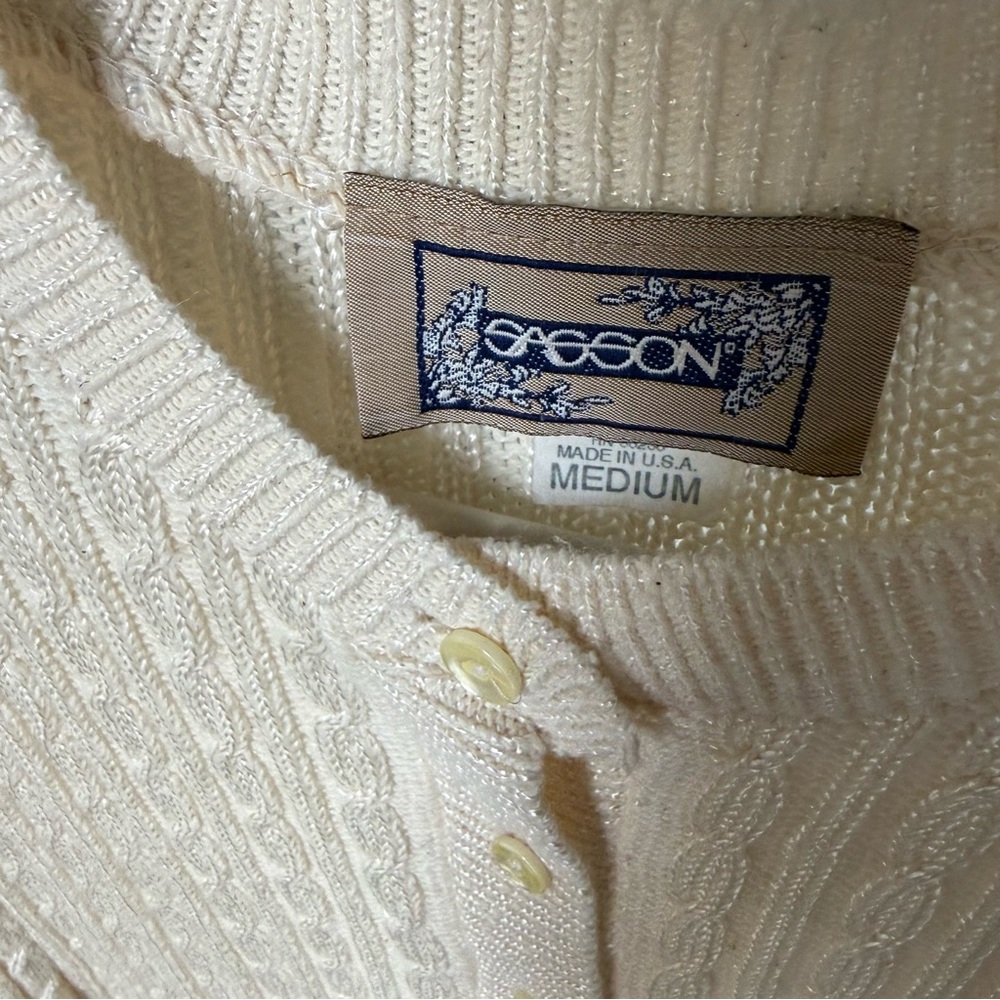 Vintage Cable Knit Short Sleeve Cardigan Ivory Button Front Size M USA Made - Picture 2 of 5